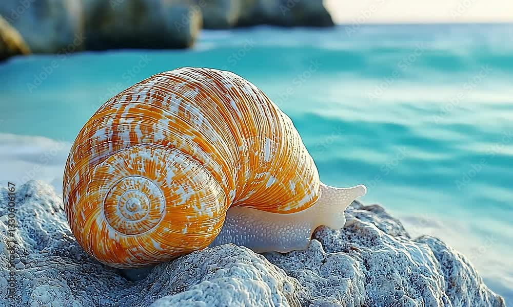 Beautiful seashell on a rock by the ocean