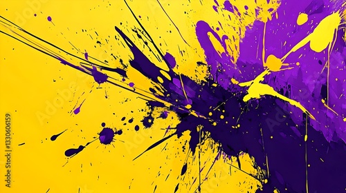 Vibrant paint splashes in yellow and purple, bold energy 
