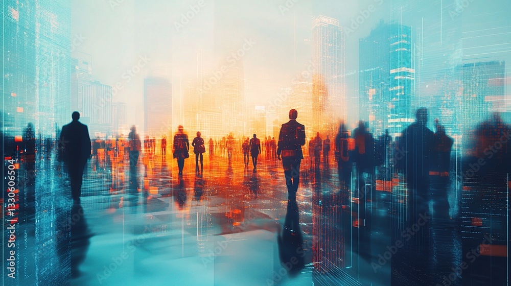 Futuristic Cityscape with Business People Merging in Urban Space Futuristic Cityscape with Business People Merging in Urban Space