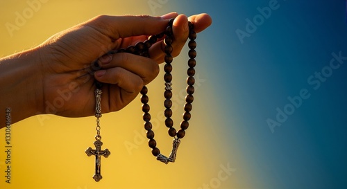 Hand holding a rosary against the sky for prayer, meditation, and Catholic faith-related content