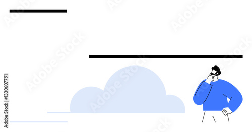 Individual with hand on chin beside a cloud illustration and abstract lines. Ideal for innovation, creativity, problem-solving, technology, cloud computing, reflection, strategy. Flat simple metaphor