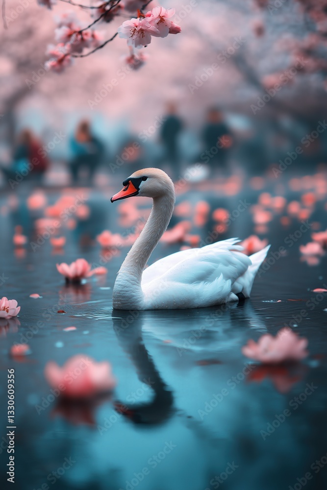 Fototapeta premium Elegant swan gliding through serene waters surrounded by blooming flowers in a tranquil park setting