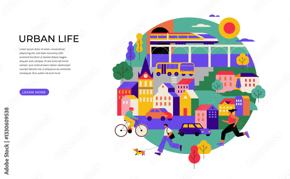 Colorful Urban Life Illustration. Modern Cityscape with People, Transportation, and Skyscrapers.