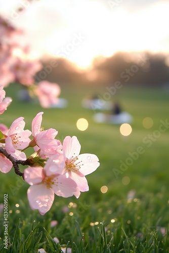 Cherry blossoms bloom during golden hour in a serene park with people in the background enjoying nature