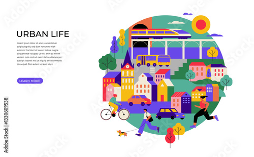 Colorful Urban Life Illustration. Modern Cityscape with People, Transportation, and Skyscrapers.