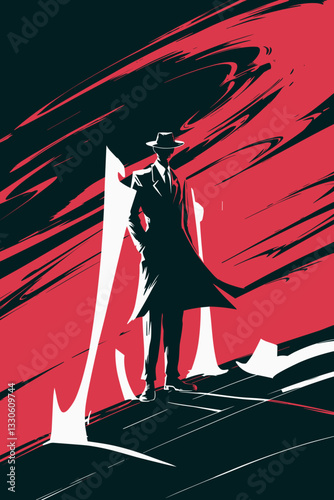 Stylized noir illustration of a mysterious figure in a trench coat against a vibrant red backdrop