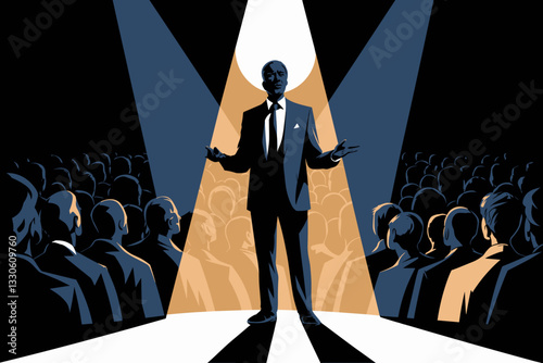 Stylized vector illustration of a speaker on stage with dramatic lighting and audience silhouettes in blue and gold tones