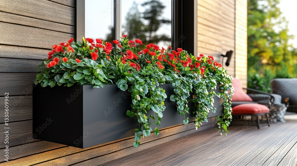 Fototapeta premium Modern planter box with vibrant flowers adorns a sun-drenched porch