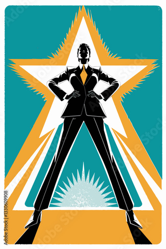 Dramatic illustration of a powerful figure in a suit, set against teal and orange starburst background