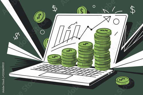 Illustration of a laptop with green coins and an upward trend graph, depicting financial growth.