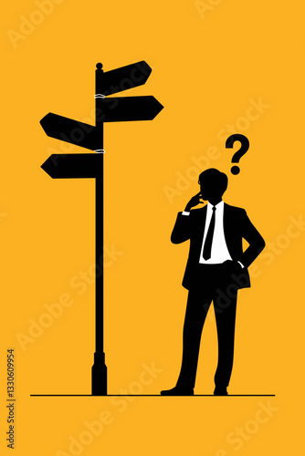 Silhouette of a businessman pondering directions at a signpost on a bright yellow background