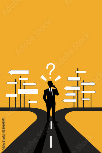Conceptual illustration of a man in suit pondering at a crossroads, vibrant yellow backdrop