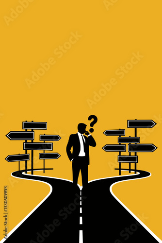 Illustration of a businessman at a crossroads, contemplating choices on yellow background, symbolizing decision-making