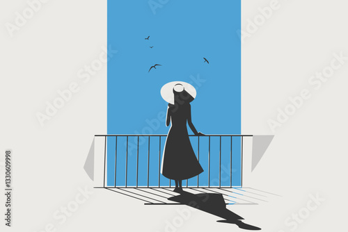 Minimalist illustration of a woman in a hat against a light blue background with birds, conveying serenity