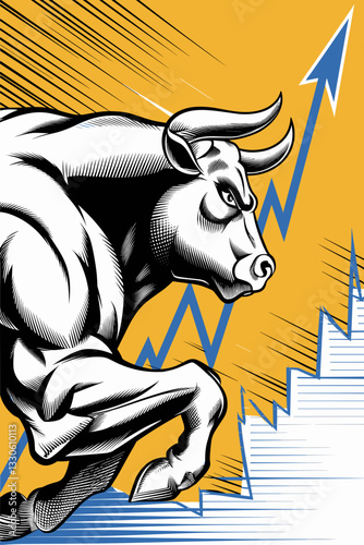 Dynamic illustration of a charging bull against a yellow background symbolizing financial growth and prosperity