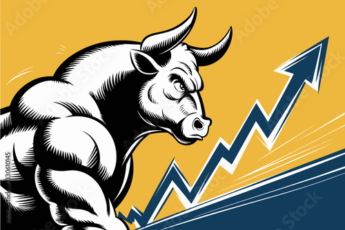 Dynamic illustration of a powerful bull symbolizing market growth with blue upward trend on yellow background