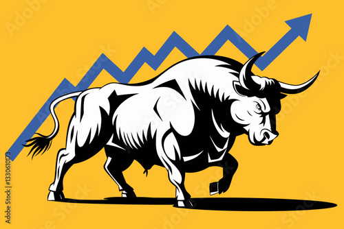 Dynamic vector illustration of a powerful bull on a vibrant yellow background symbolizing market growth