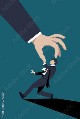 Illustration of a giant hand controlling a businessman, depicting power dynamics and struggle