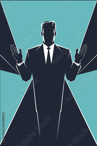 Stylized silhouette of a business figure in a dark suit against a teal background