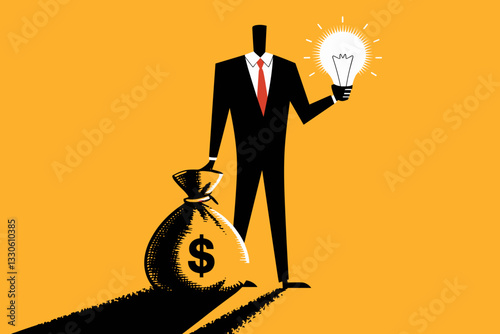 Creative illustration of a businessman holding a light bulb and a bag of money on a bright backdrop