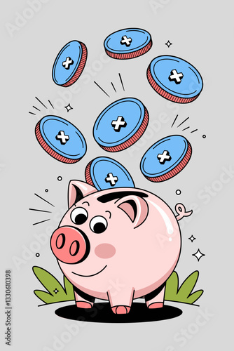 Playful cartoon piggy bank surrounded by coins symbolizing savings on a light gray background