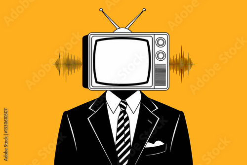 Stylized illustration of a man in a suit with a vintage TV head on a vibrant yellow background