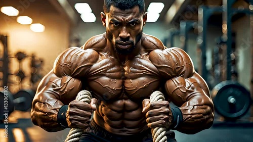 Bodybuilder Training with Battle Ropes in Gym, Showing Muscular Strength and Focus

