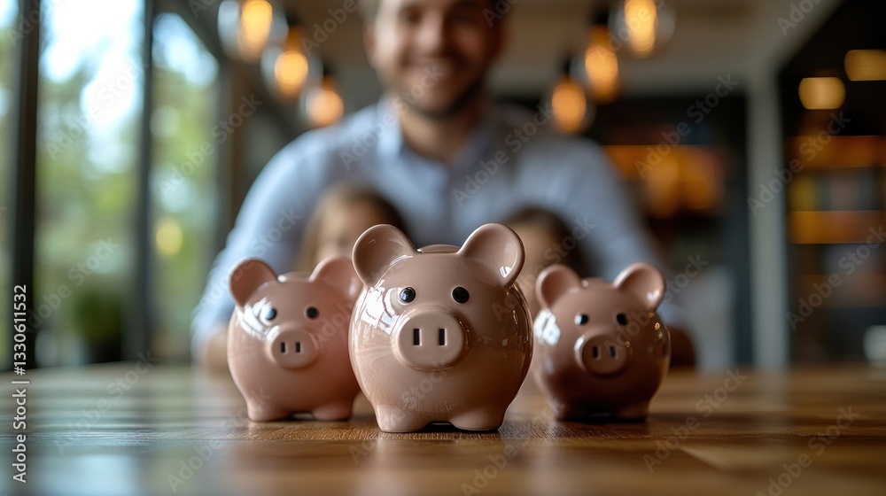 Obraz premium Family Financial Planning: Piggy Banks and a Happy Dad