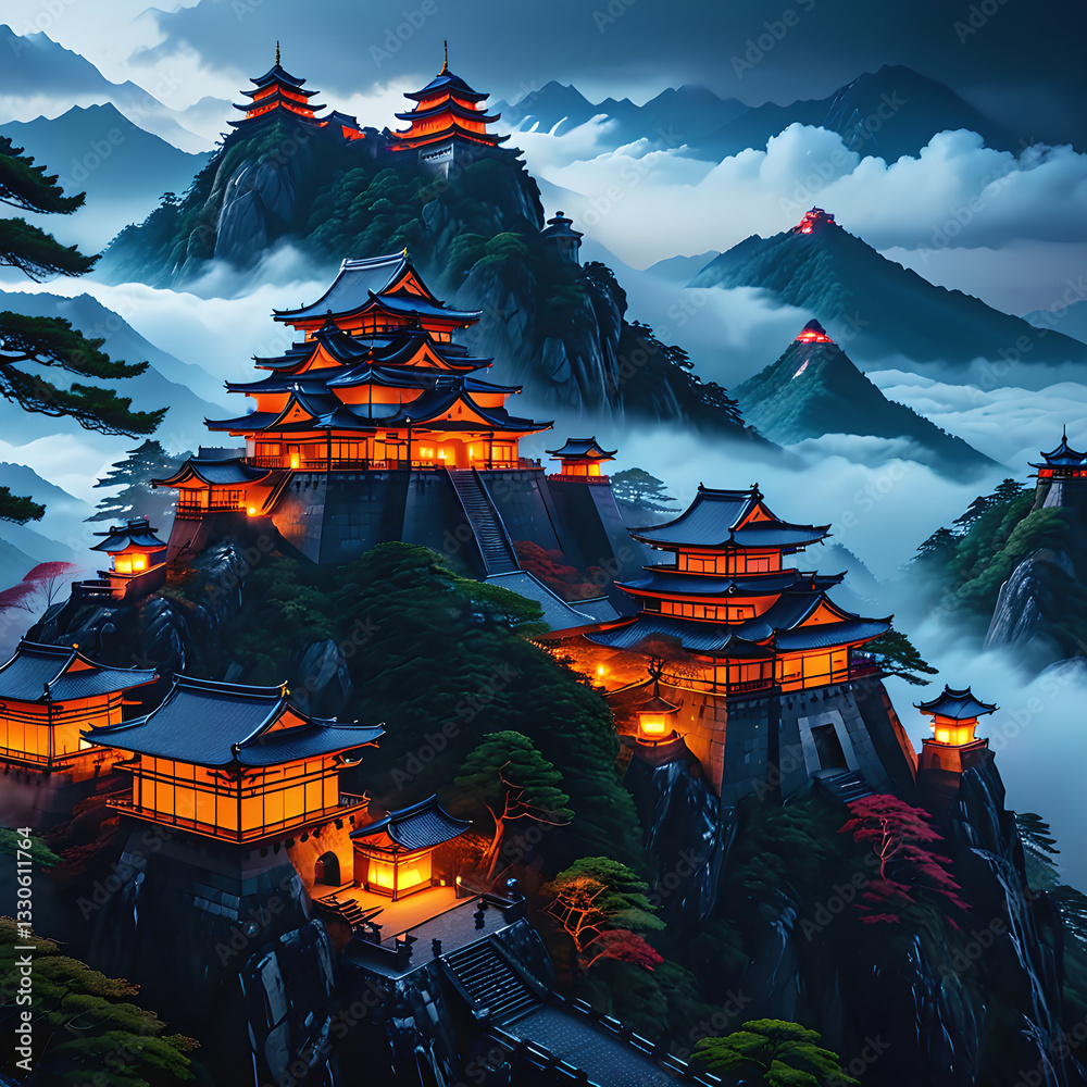 Obraz premium Majestic Japanese Castle on Misty Mountaintop, Glowing Lanterns Illuminating the Night, Feudal Era Architecture, Mystical Atmosphere, Hyper-Realistic 8K