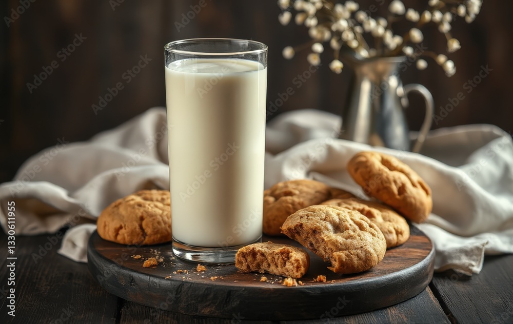Delicious Milk and Cookies on Rustic Wooden Table, Perfect for Snacking Delicious Milk and Cookies on Rustic Wooden Table, Perfect for Snacking