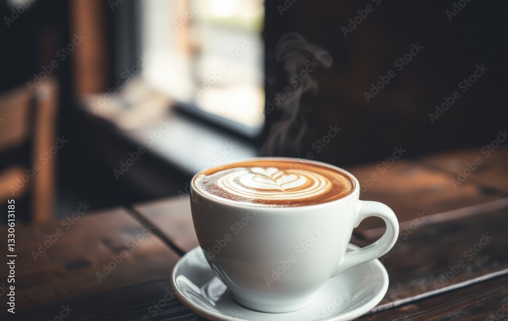 Delicious Hot Latte Coffee with Heart Latte Art in Cozy Café Setting Delicious Hot Latte Coffee with Heart Latte Art in Cozy Café Setting