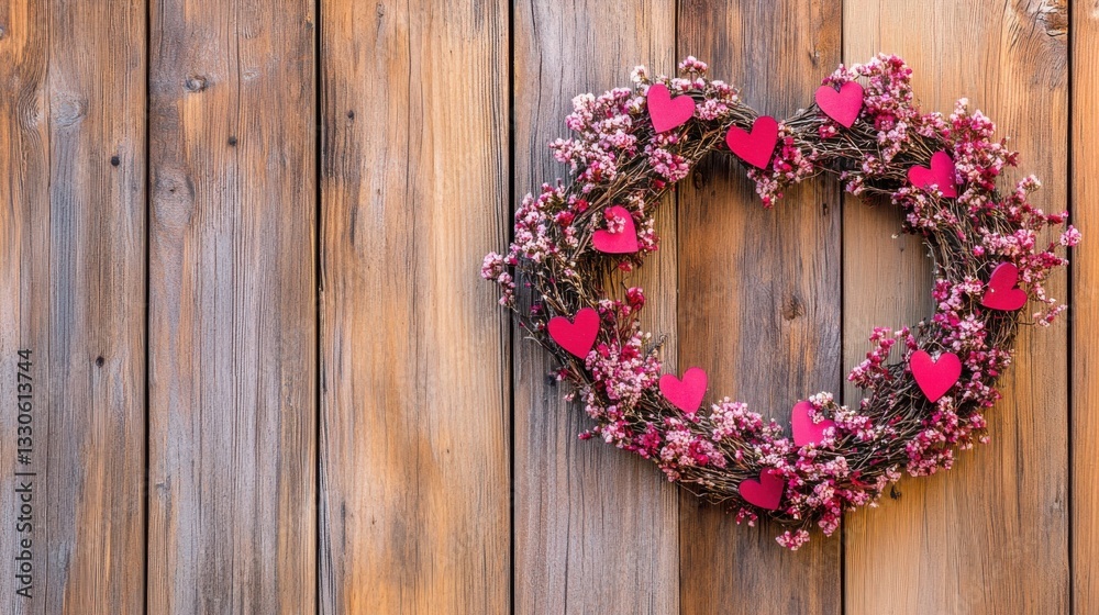 Heart-shaped Wreath with Pink Hearts on Rustic Wood Background Heart-shaped Wreath with Pink Hearts on Rustic Wood Background