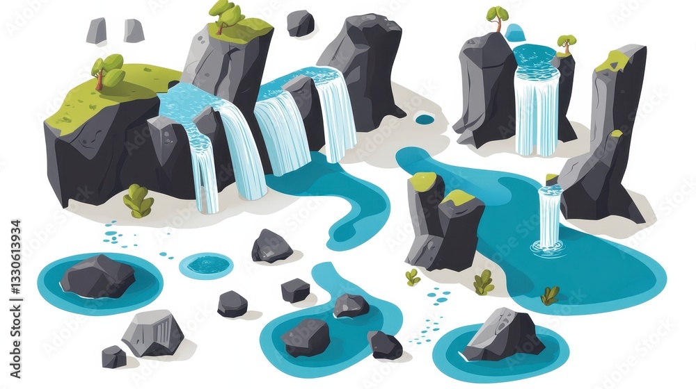 Isometric Waterfall Landscape: Cascading Water, Rocks, and Pools Isometric Waterfall Landscape: Cascading Water, Rocks, and Pools
