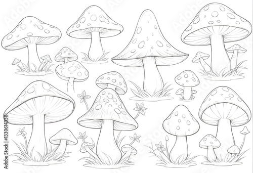 Set of whimsical mushrooms with varied shapes and sizes, illustrated in a black-and-white storybook style. Isolated on white, perfect for children’s books and playful designs