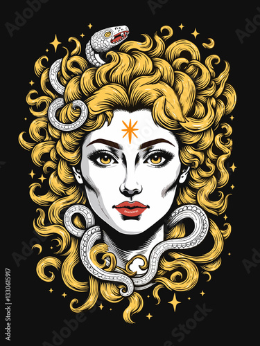 Mysterious Medusa with flowing snakes in bold vector art, mythical symbolism
