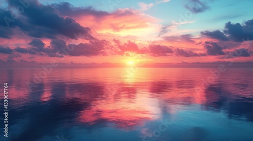 Serene Sunset over Calm Ocean, Vivid Colors Reflecting
