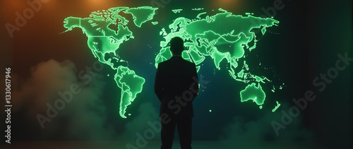 Silhouette of a businessman standing before a glowing green digital world map.  Ideal for business, technology, and global concepts.