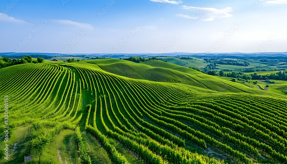 Lush vineyard landscape stretches across rolling hills under a vibrant blue sky Lush vineyard landscape stretches across rolling hills under a vibrant blue sky