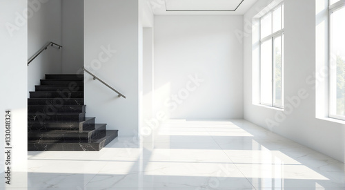 Sunlit modern interior with black marble stairs and white marble floor. Spacious, bright, and minimalist design. photo