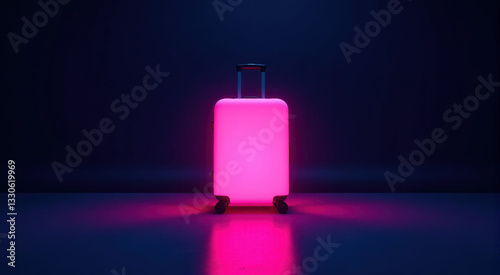 Pink glowing suitcase in a dark studio. Perfect for travel, vacation, and adventure concepts. photo