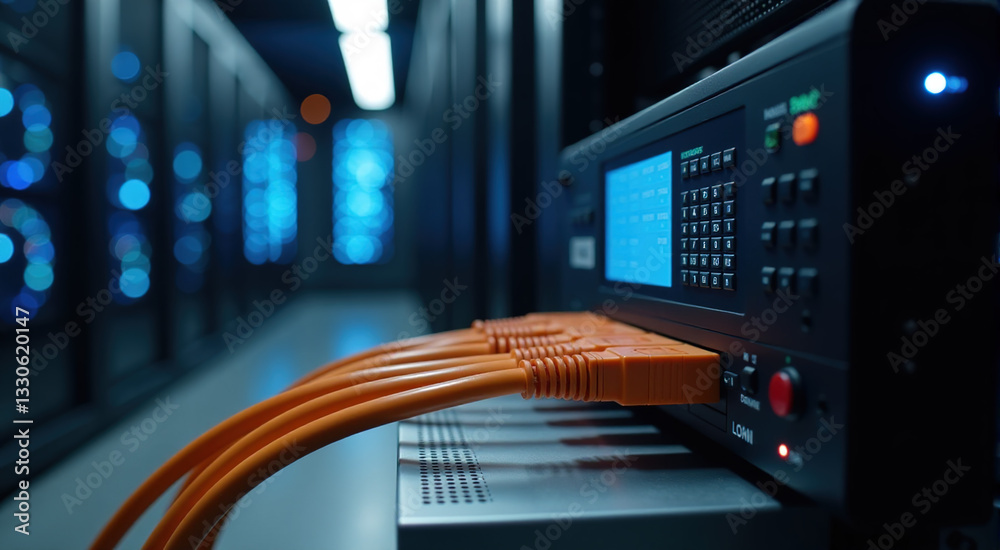 Naklejka premium Close-up of server room interior with orange fiber optic cables connected to a control panel. Modern data center technology.