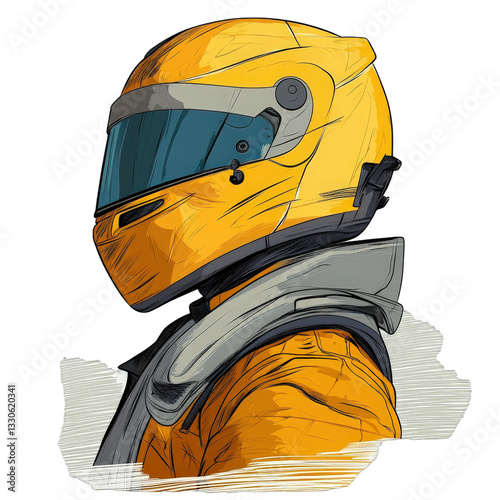 Motorsports Driver close-up, helmeted racer prepped. Yellow and gray tones against sketched background isolated on white or transparent png