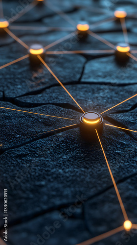 Orange lines connecting glowing circles on a dark cracked surface, representing a network or neural structure