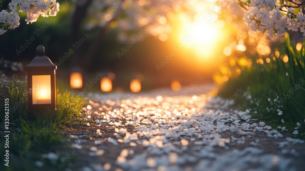 Serene Sunset Pathway with Lanterns and Cherry Blossom Petals Serene Sunset Pathway with Lanterns and Cherry Blossom Petals