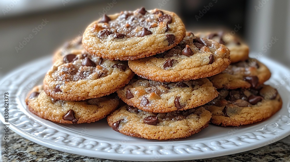 Deliciously baked chocolate chip cookies stacked on a white plate in a kitchen setting Deliciously baked chocolate chip cookies stacked on a white plate in a kitchen setting