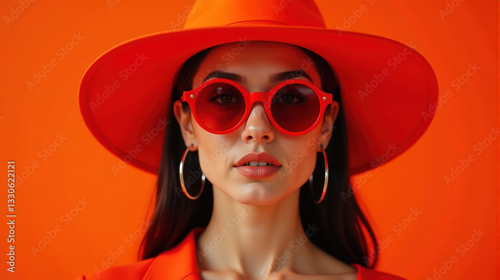 Closeup portrait of a young woman in a red hat and sunglasses against a bright orange background. Perfect for fashion, beauty, and lifestyle projects. Closeup portrait of a young woman in a red hat and sunglasses against a bright orange background. Perfect for fashion, beauty, and lifestyle projects.