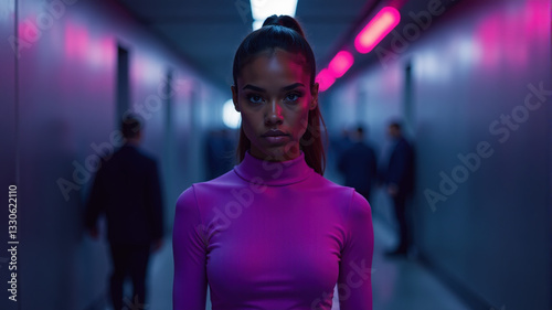 Portrait of a young, confident businesswoman in a modern hallway with neon lighting. photo