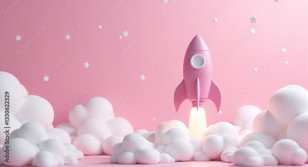 Pink rocket launching from fluffy clouds against a pastel pink sky. Perfect for startup, business, and success concepts. Pink rocket launching from fluffy clouds against a pastel pink sky. Perfect for startup, business, and success concepts.