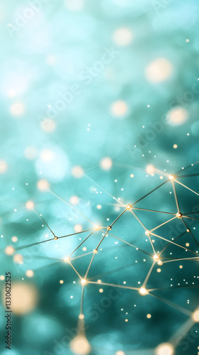 Abstract network nodes connecting and glowing on a turquoise bokeh background, representing data transfer, technology, and communication