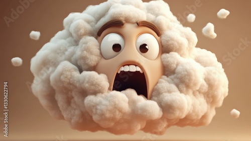 A cheerful cartoon cloud with a surprised face, perfectly embodying playful emotion, light-heartedness, and fun in a creative and imaginative representation.